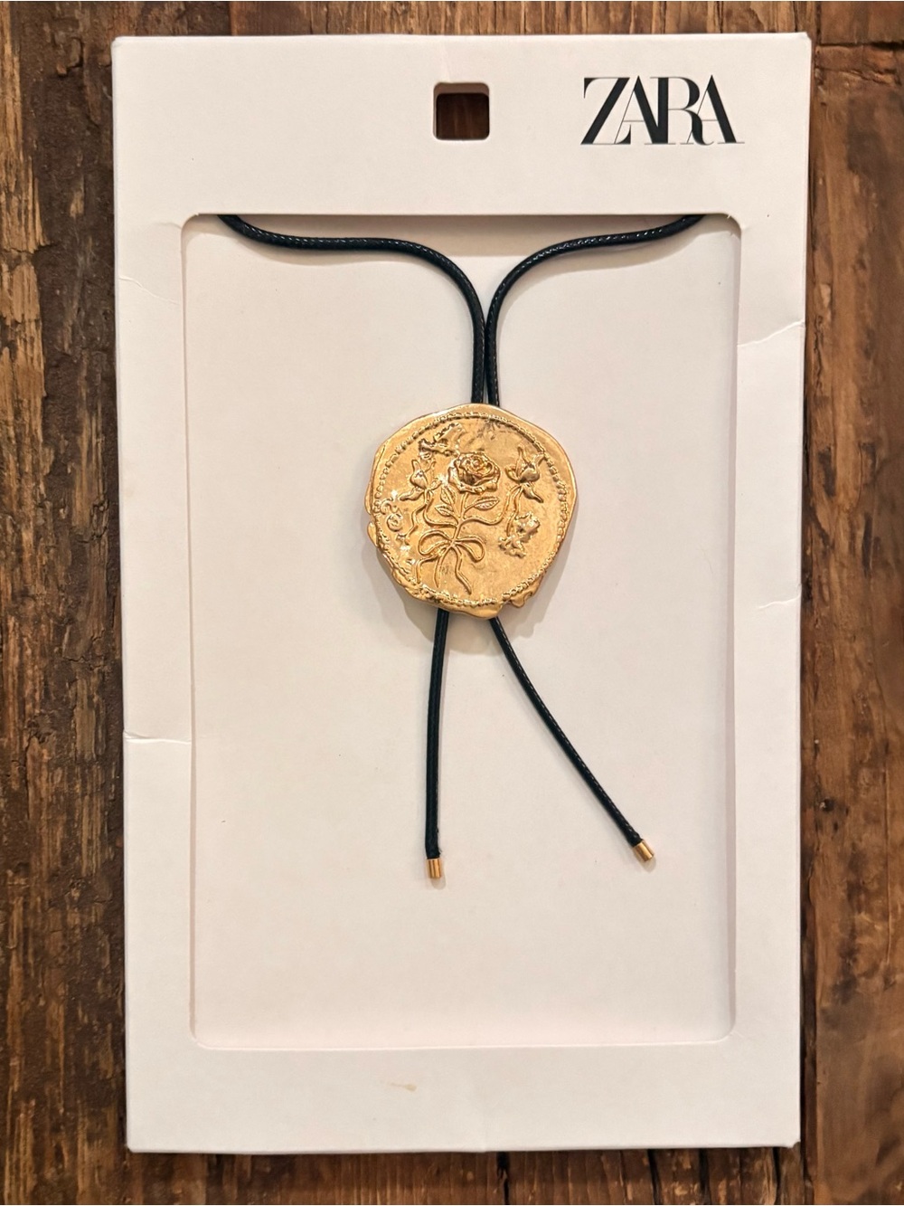 NWT ZARA Gold Floral Medallion Necklace with Black Cord